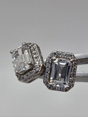 Kay Jewelers Emerald Cut White Sapphire Earrings 925 Sterling Silver Halo
